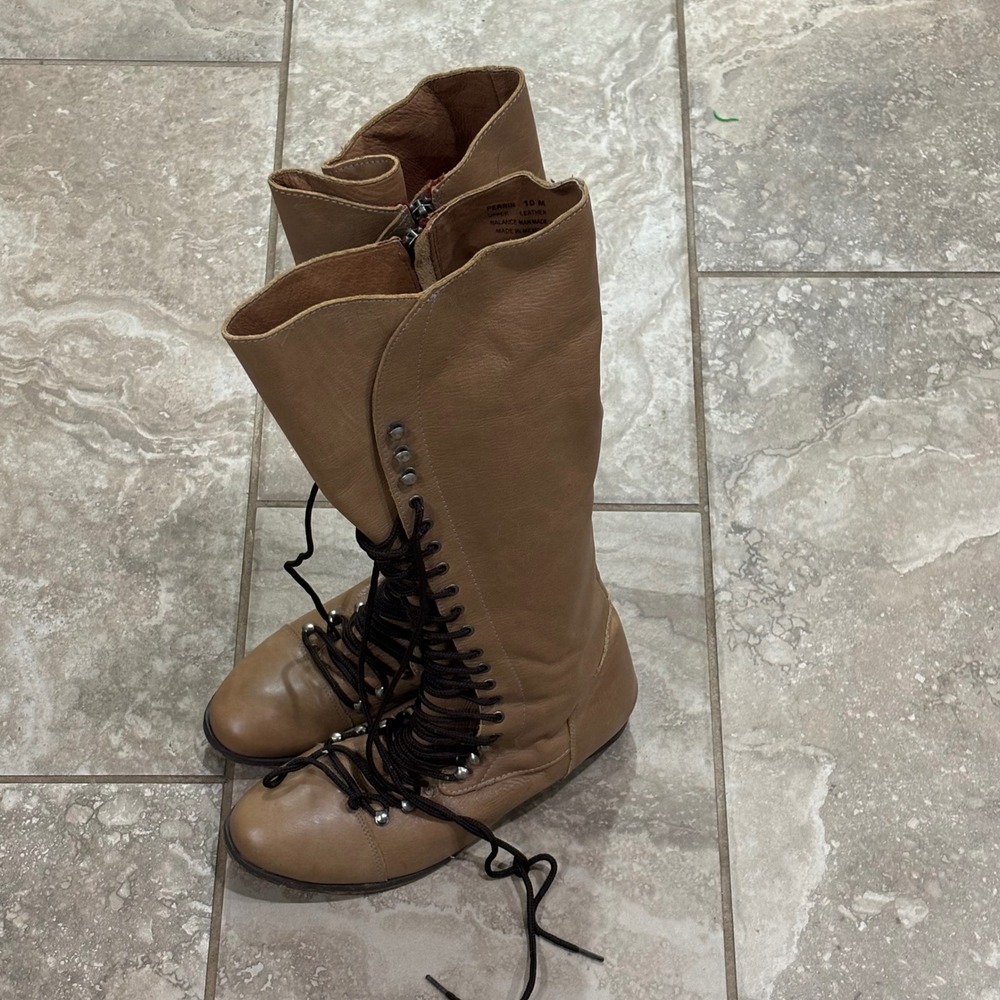 Steve Madden Perrin Tan Leather Lace Up Tall Boots Side Zip Cap Toe Sz 10M